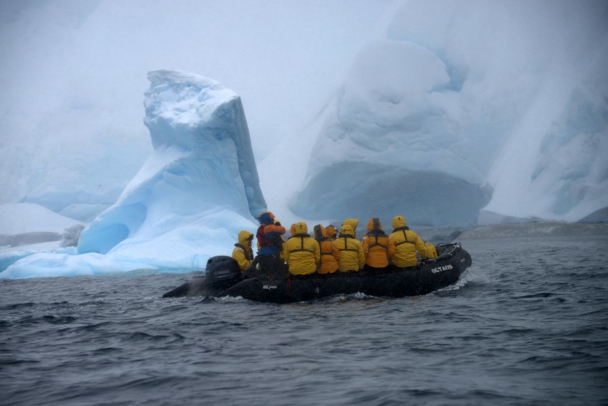 01B Zodiac In Bad Weather With Towering Icebergs In Foyn Harbour On Quark Expeditions Antarctica Cruise